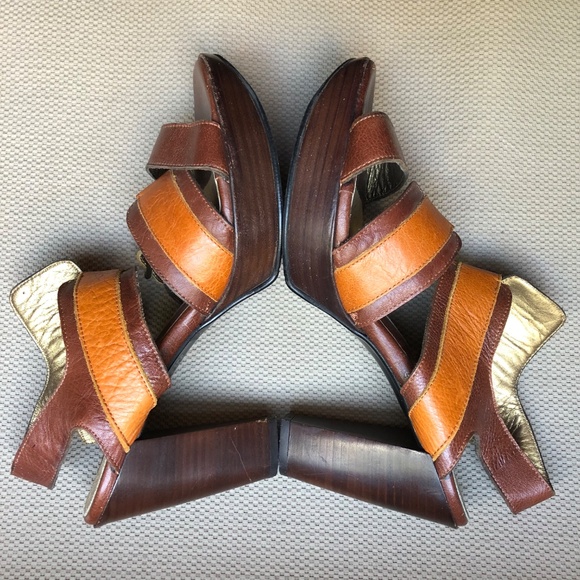 Fluevog Summertimes Aquarius retro platform leather sandals oxblood orange Sz 9 - Picture 7 of 8